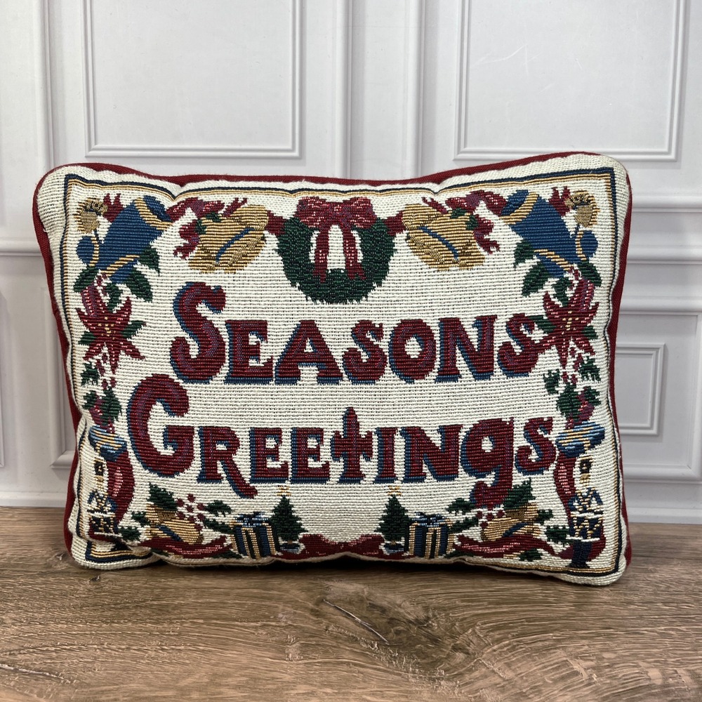 Seasons Greetings Pillow Red Green Gold Woven Tapestry Christmas Holiday Decor